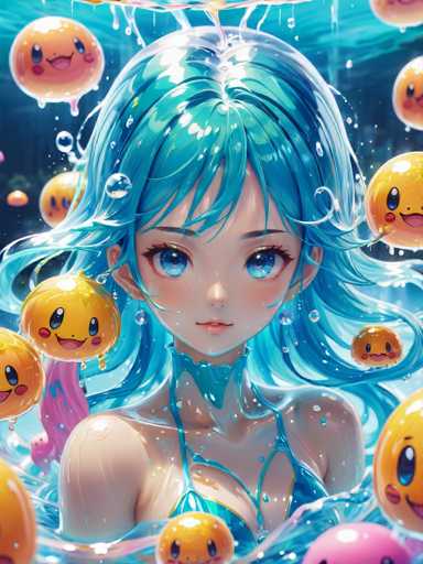 The image depicts a detailed, computer-generated anime-style drawing of a young woman with long, flowing blue hair that cascades down to her shoulders. She has large, expressive blue eyes and a small, delicate nose. Her skin is fair, and she wears a blue bikini top. The woman is positioned in the center of the image, gazing directly at the viewer. Surrounding her are numerous yellow, egg-shaped creatures with big eyes and open mouths, resembling smiley faces. These creatures are scattered around her, with some appearing to float in the water around her. The background is a dark blue, and the entire scene is set underwater, with water droplets and bubbles adding to the aquatic atmosphere. The image is rectangular, approximately six inches high and four inches wide, and there is no text present.