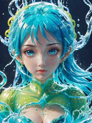 This detailed digital artwork features a striking anime-style woman with vibrant blue hair and matching blue eyes. She is adorned in a green, form-fitting top that accentuates her chest, with the fabric appearing to be made of a rubbery material. The woman's hair is styled in a unique way, with the front part pulled back and the sides flowing down, while the back is also pulled back, creating a dynamic and ethereal effect. Surrounding her are swirling water elements, giving the impression that she is emerging from or enveloped by water. The background is a deep, dark blue, enhancing the contrast and making the water and her hair appear to shimmer and glow. The overall composition is vertical, with the woman's face and upper body dominating the frame, creating a captivating and almost otherworldly visual experience.