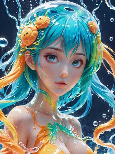 This detailed digital illustration features a young anime-style girl with striking blue eyes and long, flowing hair that transitions from blue to green to orange. Her hair is adorned with two orange flowers and a whimsical orange and yellow creature with black eyes, resembling a small crab or snail. The girl is dressed in an orange top, which complements the vibrant hues of her hair. She stands against a dark blue background, with water droplets and bubbles surrounding her, giving the impression that she is underwater. The image captures her from the chest up, with her head slightly tilted to the right, and her gaze directed towards the viewer. The overall scene is rich in detail, with water elements creating a dynamic and immersive atmosphere.