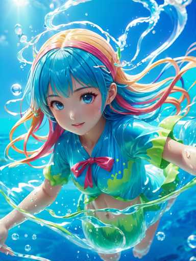The image depicts a mermaid with long, flowing hair and a vibrant blue dress adorned with pink and green accents. The mermaid is swimming through the water, surrounded by bubbles that add to the dreamy atmosphere of the scene.