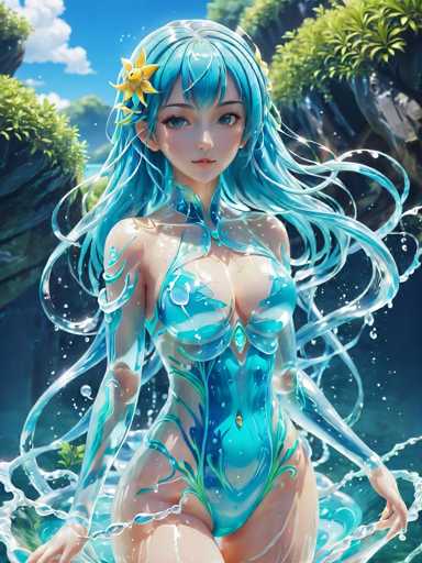 The image depicts a woman with blue hair and a green dress standing on the left side of the frame against a backdrop of lush trees and rocks. The water surrounding her is depicted as being in motion, creating a sense of movement or dynamism within the scene.