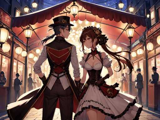 This detailed illustration depicts a scene from an anime, set in a bustling, old-fashioned city street at night. The central focus is on two characters standing in the middle of the street, facing each other. On the left is a man with long black hair tied in a ponytail, wearing a black top hat adorned with a gold medallion, a black vest with red accents, a white shirt, black pants, and a black and red cape. On the right is a woman with long brown hair styled in a ponytail, dressed in a white corset with black accents, a white skirt, and black gloves. She also wears a black choker with a red gem and a black belt with a red bag attached. The background features a red awning with lights, and buildings on either side with people standing in front of them. The scene is illuminated by numerous lanterns, adding to the old-world charm of the setting.