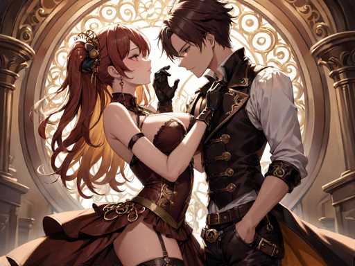 In this captivating anime-style illustration, a man and a woman are depicted in an intimate pose, gazing deeply into each other's eyes. The woman, positioned on the left, has long, flowing red hair adorned with a black and gold barrette. She is dressed in a striking red corset that accentuates her figure, paired with a flowing red skirt. Her right hand gently touches the man's face, while her left hand rests on his chest, exuding a sense of connection and tenderness.

The man, standing to her right, has short brown hair and is attired in a white shirt layered under a black vest, complemented by black pants. His left hand is casually placed in his pocket, adding a touch of relaxed confidence to his demeanor. The background features a large, ornate window with intricate gold designs, framed by elegant columns on either side. The scene is bathed in a warm, golden light that enhances the romantic and ethereal atmosphere, making the viewer feel as though they are witnessing a beautiful moment frozen in time.