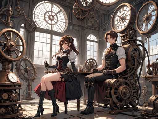 In this detailed anime-style illustration, a young woman and man are seated in a large, industrial room filled with intricate machinery and gears. The woman, positioned on the left, is dressed in a striking black and red corset-style dress with a short skirt, complemented by black boots. Her long brown hair cascades down as she sits on a wooden stool. Beside her, the man, who has short brown hair and is dressed in a black vest over a white shirt, black pants, and black boots, sits on a larger, more elaborate chair adorned with gears and wheels. The room itself is expansive, with high ceilings and large windows that allow natural light to flood in. The walls are lined with numerous gears and clock-like mechanisms, adding to the industrial and steampunk aesthetic of the scene.