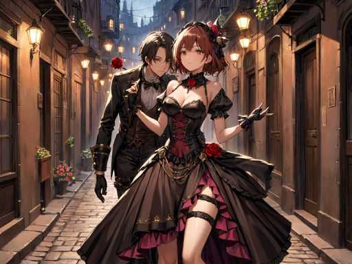 In this captivating anime-style illustration, a young woman and a man are depicted standing in a charming cobblestone alleyway. The woman, positioned in the foreground, is adorned in a striking black and red dress. Her attire features a black corset with red accents, a black choker necklace embellished with a red rose, and a black hat also adorned with a red rose. Her short brown hair frames her face, and she wears black gloves, adding to her elegant appearance. The dress itself is a blend of black and red, with a black exterior and a red interior, complemented by black straps that wrap around her legs.

Behind her stands a man with long brown hair, dressed in a sophisticated black suit. His ensemble includes a black jacket, a brown vest, a white shirt, and a black bow tie, exuding a sense of formality and style.

The setting is a picturesque cobblestone alleyway, lined with buildings on both sides. The buildings are a warm brown color, each featuring windows and doors. Some of the windows are adorned with hanging plants, adding a touch of greenery to the scene. The buildings on the right side of the alleyway have doors, while those on the left side are primarily windows. Above, lanterns hang from the buildings, casting a soft, warm light over the scene. The sky is a clear blue, providing a serene backdrop to this enchanting urban landscape.