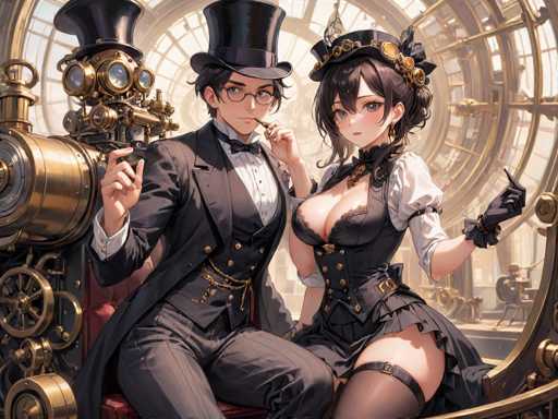 In this captivating image, two anime characters are seated on a luxurious red velvet chair, exuding an air of sophistication and elegance. The male character, positioned on the left, is adorned in a distinguished black tuxedo with a matching black vest and pants. His ensemble is complemented by a black bow tie and a black top hat, and he sports glasses that add a touch of intellectual charm. He is holding a cigarette in his right hand, which is raised to his mouth, while his left hand rests on his chin, giving him a contemplative expression.

Beside him, the female character is equally striking in her attire. She wears a black corset that accentuates her figure, paired with a short black skirt. Her outfit is completed with black stockings and black gloves, adding to her allure. Her black hair is elegantly styled, and she wears a black hat adorned with a decorative brooch, enhancing her refined appearance.

The background of the image features a large, intricate clock with a golden frame, adding a sense of timelessness and grandeur to the scene. To the left of the characters, there is a golden machine with a black frame, which appears to be some sort of advanced device or technology, further enriching the image's steampunk aesthetic.