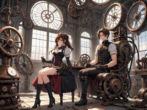 A man and a woman sit on chairs inside an old-fashioned room with large windows that let in natural light. The man is wearing a black suit and the woman has long hair and is dressed in a red dress. They are both looking at something off to the side of the image, which appears to be a clock or other timekeeping device.