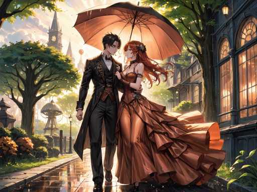 In this captivating anime-style illustration, a young couple stands hand in hand on a glistening, rain-soaked sidewalk. The man, positioned on the left, is dressed in a distinguished black suit paired with a black bow tie. His short black hair and pale skin add to his sharp appearance. He holds a large umbrella with a black handle and a brown canopy, shielding both of them from the rain. The woman, standing to his right, is adorned in a striking copper-colored dress that flares out dramatically at the bottom. Her long, flowing red hair cascades down her back, and she wears a black choker around her neck. She gazes up at the man with a gentle smile, her pale skin complementing her vibrant attire. The background features a mix of trees and buildings, with a prominent clock tower visible in the distance, adding a touch of urban charm to the scene.