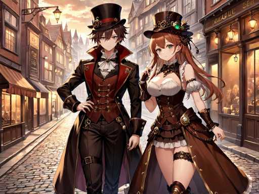 In this detailed anime-style illustration, two characters stand prominently in the foreground of a cobblestone street, flanked by buildings on either side. The male character on the left is adorned in a black top hat with a red band, and his shaggy brown hair peeks out from beneath it. He wears a striking red and black jacket with a white shirt underneath, complemented by black pants and a black belt. His right hand rests on his hip, exuding a confident stance. Beside him, the female character on the right sports a brown top hat decorated with green jewels. Her long, flowing brown hair cascades down to her waist. She is dressed in a revealing white bustier with a brown corset over it, and a brown skirt that reveals her legs. The scene is set against a backdrop of buildings with illuminated windows, adding a warm glow to the cobblestone street that stretches into the distance.