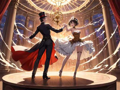 In this captivating anime-style illustration, a man and a woman are gracefully dancing on a round wooden platform, seemingly suspended in mid-air. The man, positioned on the left, is dressed in a striking black tuxedo with a long red tailcoat that billows dramatically behind him. He complements his attire with a black top hat adorned with a red band and black dress shoes. His short black hair is neatly styled, and his back is turned towards the viewer, obscuring his facial features.

The woman, on the right, exudes elegance in a white dress that flares out around her legs, revealing her bare thighs. She wears a brown corset that cinches her waist, and her short brown hair is styled with a black flower on the right side. Her black dress shoes add a touch of sophistication to her ensemble. She gazes directly at the viewer with large, expressive eyes, while holding hands with the man.

Above them, a golden chandelier casts a warm glow, illuminating the scene. The background features a series of windows framed by brown pillars, adding depth and a sense of grandeur to the setting. The entire composition creates a magical and enchanting atmosphere, drawing the viewer into this moment of graceful interaction between the two characters.