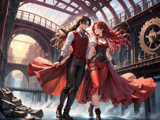 The image depicts a scene reminiscent of an anime, featuring a man and a woman standing on a platform above a body of water. The man, positioned on the left, has long brown hair and is dressed in a white shirt with a red vest, black pants, and black boots. He holds a red cape in his right hand. The woman, standing to his right, has long red hair and is adorned in a red dress with a black corset-like top, red stockings, and brown boots. She also wears a choker around her neck. Both characters are looking at each other, with the man gazing down at the woman. The background reveals a cityscape with buildings, a waterfall, and a bright sun, all beneath a blue sky dotted with white clouds. The scene is set on a platform supported by brown pillars, with a large brown gear visible on the right side. The water below them is surrounded by rocks, adding to the intricate details of the setting.