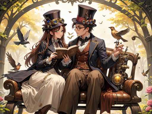 In this captivating anime-style illustration, a young man and woman are seated on a brown leather bench, surrounded by a whimsical forest scene. The bench is positioned under an archway adorned with lush green leaves, creating a cozy and enchanting atmosphere. The woman, with her long brown hair cascading down her back, is dressed in a black jacket over a white dress. She wears a distinctive black top hat embellished with goggles and various trinkets. The man beside her sports a black top hat with a red band, glasses, and a blue jacket over a brown vest and white shirt. He has brown hair and is holding an open book, seemingly sharing a story with the woman. A bird perches on his shoulder, adding to the serene ambiance. The background is filled with trees, birds, and butterflies, enhancing the magical and tranquil setting.