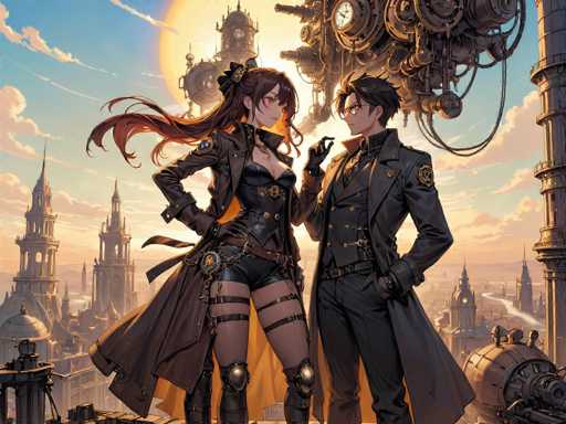 In this captivating image, a man and a woman stand side by side, exuding a sense of adventure and mystery. The woman, positioned on the left, is adorned in a striking ensemble featuring a long brown coat that flows elegantly around her. Beneath the coat, she wears a black corset paired with matching black shorts, complemented by black stockings and knee-high boots. Her long brown hair cascades down her back, adding to her enigmatic allure. 

The man, standing to her right, is equally intriguing. He sports a long black coat over a black suit, with his left hand casually tucked into his pocket. His short black hair and glasses give him a sharp, intellectual appearance. 

Behind them, the sky is a brilliant blue, dotted with fluffy white clouds. A radiant sun shines brightly in the background, casting a warm glow over the scene. To the left, a cluster of buildings adds an urban touch, while to the right, a large, intricate machine with numerous gears and wheels looms, hinting at a world of technological marvels. The entire composition is rich in detail, creating a vivid and immersive visual experience.