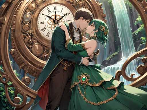In this captivating anime-style illustration, a young couple is depicted in a tender embrace, their lips gently touching in a romantic kiss. The man, positioned on the left, is dressed in a distinguished green long coat adorned with gold trim, paired with brown pants. His short brown hair complements his dapper attire. The woman, on the right, is elegantly attired in a green dress featuring a striking gold trim and a prominent green gem at the center. Her long green hair cascades down her back, adding to her graceful appearance. The background is a mesmerizing blend of elements: a grand golden clock with intricate gears and Roman numerals, a serene waterfall to the right, and lush greenery surrounding them, creating a harmonious and enchanting scene.