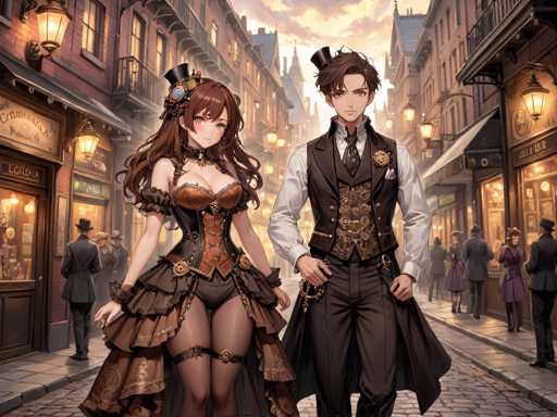 In this detailed anime-style illustration, a young man and woman are depicted standing in the middle of a cobblestone street, surrounded by a bustling crowd of people. The scene is set in a Victorian-era inspired city, with buildings on either side of the street adorned with gas lamps and storefronts. The man, positioned on the right, is dressed in a long brown coat over a white shirt, complemented by a brown vest, pants, and a top hat. He has brown hair and a serious expression. The woman, on the left, is wearing a striking brown corset with a bronze center, paired with brown stockings and garters. Her outfit includes a brown skirt with a ruffled bottom, and she sports a black choker with a blue flower. She has long brown hair and green eyes, and she is looking directly at the viewer. The overall atmosphere of the image is richly detailed and evocative of a historical fantasy setting.