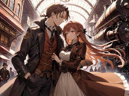 In this captivating anime-style illustration, a young couple stands in a bustling train station, exuding a sense of adventure and romance. The man, positioned on the left, is dressed in a distinguished brown suit paired with a brown vest and a crisp white shirt. His ensemble is completed with a black tie and a long brown trench coat, which features a prominent gold badge on the left shoulder. His brown hair is neatly tied back in a ponytail, adding to his polished appearance.

Beside him, the woman on the right is equally striking. She wears a long brown trench coat over a white dress, accentuated by a black bow tie at the neckline. Her long, flowing brown hair cascades down her back, framing her face beautifully. The couple stands intimately close, gazing into each other's eyes, their expressions filled with emotion.

The background sets the scene in a grand train station, with a large glass ceiling that allows natural light to flood the space. To the right, a majestic steam locomotive stands ready, while to the left, a building with a sign reading "The Owl" adds to the vintage ambiance. The station is alive with activity, as people mill about, contributing to the lively atmosphere. This detailed and evocative image captures a moment of connection amidst the grandeur of a bygone era.