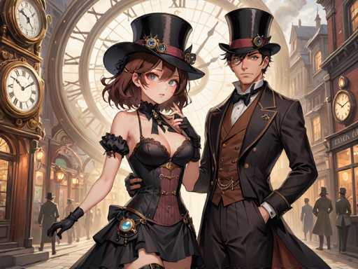 In this captivating image, we see a meticulously detailed scene from a video game, set in a Victorian-era inspired world. The focal point is a man and a woman standing side by side, both adorned in elaborate attire. The woman, positioned on the left, is dressed in a striking black corset paired with a matching black skirt. Her ensemble is accentuated by a black top hat, and her brown hair cascades down to her shoulders. She wears black gloves and has a distinctive blue gemstone attached to her corset, adding a touch of mystique to her appearance. 

Beside her stands a man, equally well-dressed in a sophisticated black suit. He complements his outfit with a brown vest and a black top hat, exuding an air of elegance and refinement. The background reveals a bustling Victorian cityscape, complete with ornate buildings and numerous clock towers that contribute to the period's authentic atmosphere. The scene is richly detailed, offering viewers a glimpse into a world where Victorian fashion and modern video game aesthetics seamlessly blend.