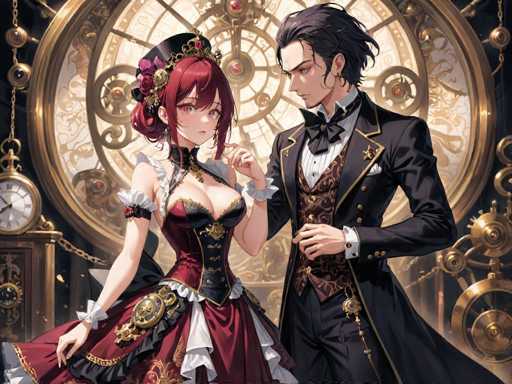 In this captivating image, a man and a woman are elegantly dressed in Victorian-era attire, standing in front of an ornate, large clock. The woman, positioned on the left, is adorned in a striking red dress with intricate black and gold accents. Her ensemble includes a black choker with a gold centerpiece, and her hair is styled in a bun, accented with a black hat featuring a gold rim and a red jewel. She has a fair complexion, pink eyes, and is holding the side of her dress with her right hand, while her left hand is raised to her chin.

The man, standing to her right, is dressed in a sophisticated black tuxedo with gold trim, complemented by a white shirt and a black bow tie. His long black hair cascades down, and he gazes intently at the woman. The background is dominated by a massive, golden clock with a white face, adorned with intricate gold designs and Roman numerals. The clock's hands are positioned at 10 and 2, adding to the timeless elegance of the scene.