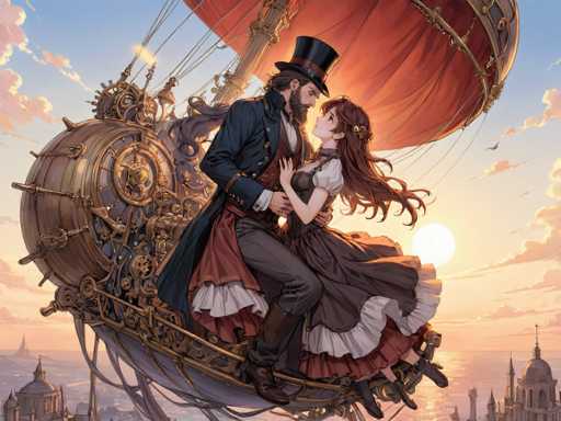In this captivating digital artwork, a man and a woman are depicted in a romantic embrace atop a steampunk-inspired airship. The man, adorned in a long blue coat, brown pants, and brown boots, sports a black top hat and a beard. He is holding the woman, who is dressed in a flowing brown dress with white frills at the bottom. Her long brown hair cascades down as she looks up at him, her arms wrapped around his waist. The airship beneath them is a marvel of intricate design, featuring a large red balloon at the top and a gold-colored base with numerous gears and mechanical elements. The scene is set against a backdrop of a blue sky dotted with clouds, with the sun either rising or setting, casting a warm glow over the cityscape below. The city is visible in the distance, with buildings featuring domed roofs and spires, adding to the enchanting atmosphere of this whimsical, cartoon-like illustration.