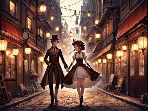 In this detailed and vibrant illustration, a young couple is depicted walking down a cobblestone street in a charming, old-fashioned town. The scene is set at night, with the street illuminated by numerous lanterns hanging from the buildings on either side. The buildings are adorned with red awnings and feature large windows, some of which have chairs and artwork displayed outside.

The man, positioned on the left, is dressed in a long brown trench coat, a red vest, and a top hat. He has brown hair and is holding the hand of the woman beside him. The woman, on the right, is wearing a white dress with a red petticoat and a matching red hat. Her brown hair cascades down her back, and she is holding the edge of her dress, allowing it to flutter in the wind. The overall atmosphere of the image is warm and inviting, with the soft glow of the lanterns enhancing the cozy, nostalgic feel of the scene.