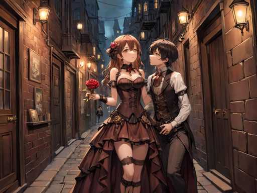 The image depicts a scene reminiscent of an anime, featuring a young woman and a young man standing in a narrow, cobblestone alleyway. The woman, positioned on the left, has long, wavy brown hair adorned with a red rose. She is dressed in a revealing, steampunk-inspired outfit that includes a corset-like top and a short skirt with garters. She holds a red rose in her right hand. The man, standing to her right, has short brown hair and is dressed in a white shirt, a brown vest, and brown pants. He gazes up at her adoringly. The alleyway is flanked by brick buildings with wooden doors, some of which have picture frames hanging on them. Lanterns mounted on the walls cast a warm glow, illuminating the scene. In the background, additional buildings and a glimpse of the sky can be seen, adding depth to the setting.