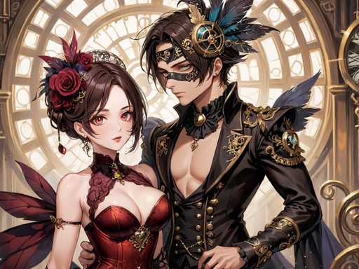 The image depicts a scene reminiscent of a video game, featuring two intricately designed characters. On the left stands a woman with brown hair styled in a bun adorned with red roses. She wears a striking red dress with a deep neckline, complemented by a black choker and a red scarf around her neck. Her eyes are a vivid red, and she has a delicate, ethereal quality with red wings extending from her back.

To her right is a man with brown hair, partially concealed by a mask that covers his eyes and nose. He wears an elaborate black jacket with gold trim, featuring a frilly black collar and a chain hanging from it. His attire is further embellished with blue feathers on his head and a blue feather on his shoulder. The background is a circular window with a brown frame, through which light streams, adding a dramatic effect to the scene. The man's left hand rests on his hip, while his right arm is wrapped around the woman's waist, suggesting a close and intimate connection between the two characters.