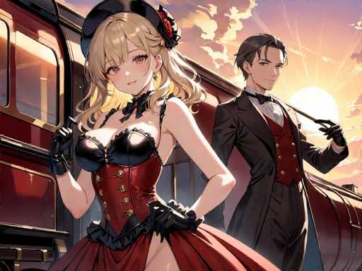 In this captivating anime-style illustration, a woman and a man stand in front of a luxurious red train adorned with gold trim. The woman, positioned on the left, exudes elegance in a striking red dress with black accents. Her attire features a black corset top, a red skirt with a high slit, and black gloves. She accessorizes with a black hat adorned with a red flower and a choker around her neck. Her long blonde hair cascades down, framing her face as she gazes directly at the viewer.

To her right stands a man with short black hair, dressed in a sophisticated black suit paired with a red vest and a black bow tie. He holds a cane in his left hand, adding to his refined appearance. The background showcases a serene sky with a radiant sun and scattered clouds, enhancing the overall ambiance of the scene. The image is devoid of any text, allowing the viewer to fully immerse in the visual narrative.