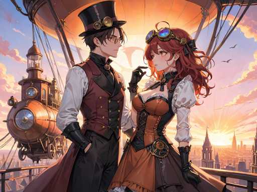 In this captivating image, a man and a woman are standing on a balcony, gazing into each other's eyes. The man is dressed in a distinguished black top hat adorned with two gold-rimmed glasses, and he sports a pair of regular glasses. His attire includes a striking red vest over a white shirt, complemented by black pants and a matching red cape. The woman beside him has long, flowing red hair and wears a pair of blue-rimmed glasses perched on her head. Her outfit features a brown corset over a white shirt, with black gloves extending up to her elbows. She also wears a black belt with a gold buckle, and a brown skirt completes her ensemble. 

Behind them, a large hot air balloon with a brownish-red hue and a prominent gold circle at its center adds a whimsical touch to the scene. To the left, a gold-colored lighthouse stands tall, while to the right, a cityscape with towering buildings stretches into the distance. The sky above is a serene blue, dotted with white clouds, and the sun casts a warm glow, creating a picturesque backdrop for this enchanting moment.