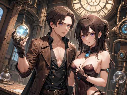 In this detailed anime-style illustration, a man and a woman are depicted in a steampunk-inspired setting. The man, positioned on the left, has short brown hair and striking blue eyes. He is dressed in a brown leather jacket over a black shirt, which is unbuttoned to reveal his chest. He wears fingerless gloves and holds a glowing blue crystal ball in his right hand. His attire is completed with a brown belt featuring a prominent buckle. The woman, standing to his right, has long brown hair styled with bangs and purple eyes. She is dressed in a revealing brown leather corset that exposes her cleavage and wears fingerless gloves. A blue gem adorns her neck, and she has a brown strap around her upper arm. The background features a large clock with Roman numerals, a wooden desk with another glowing crystal ball, and various steampunk elements, including pipes and gears, adding to the intricate and immersive atmosphere of the scene.