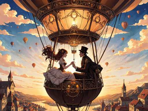 In this captivating illustration, a young woman and a man are seated in a large, ornate hot air balloon, floating high above a picturesque European village. The woman, with long, flowing red hair, is dressed in a Victorian-style white gown, while the man wears a black top hat and a brown suit. They hold hands tenderly, with the man gazing lovingly at the woman, who looks back at him with a smile. The hot air balloon itself is intricately designed, featuring a large, illuminated dome and a wooden base adorned with a clock face. Surrounding them, the sky is a brilliant blue, dotted with fluffy white clouds and numerous other hot air balloons, creating a whimsical and romantic atmosphere. Below, the village is nestled among rolling hills, with a river winding through its center, and buildings with red roofs and church steeples dotting the landscape. The scene is bathed in the warm, golden light of either sunrise or sunset, adding to the enchanting and dreamlike quality of the image.