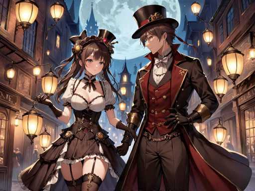 In this captivating anime-style illustration, a young man and woman are depicted standing hand in hand in a charming, old-fashioned street. The scene is set under a large, luminous moon that casts a soft glow over the surroundings. The street is lined with buildings on both sides, each adorned with numerous windows and illuminated by vintage lanterns hanging from the facades. In the background, a tall, spired building looms, adding to the quaint, historical atmosphere.

The woman, positioned on the left, is dressed in a striking outfit that blends Victorian and gothic elements. She wears a white blouse with a bustier top, complemented by a brown corset and a short brown skirt. Her ensemble is accentuated by thigh-high stockings with garters, and she holds a lantern in her right hand. Her long brown hair cascades down, adorned with a black bow and a small black top hat.

Beside her, the man exudes elegance in a long black top hat and a distinguished black and red suit. His attire includes a white bow tie, a red vest, and a long black jacket with a red lining. He completes his look with black gloves and brown pants, exuding a dapper, old-fashioned charm.

Together, they create a picturesque scene that evokes a sense of timeless romance and adventure.