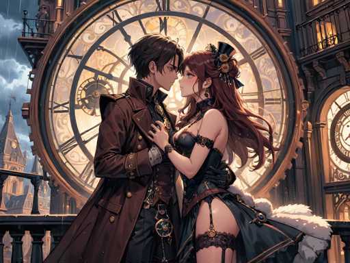 In this captivating image, a man and a woman are seen gazing deeply into each other's eyes, exuding a sense of intimate connection. The man, positioned on the left, is dressed in a long brown coat adorned with a gold chain hanging from his waist. His attire is completed with black gloves, adding a touch of elegance to his appearance. The woman, on the right, is wearing a striking black dress that features a white fur trim at the bottom, enhancing the contrast of her outfit. She has long brown hair cascading down her back, and a black hat perched atop her head, adding a touch of sophistication. Her dress is accentuated with black straps around her arms and legs, and she is wearing black gloves as well. The background reveals a large, circular clock with Roman numerals, adding a timeless element to the scene. The clock's face is illuminated with a soft yellow light, while the surrounding area is bathed in a mix of gray and white hues, creating a serene and romantic atmosphere.