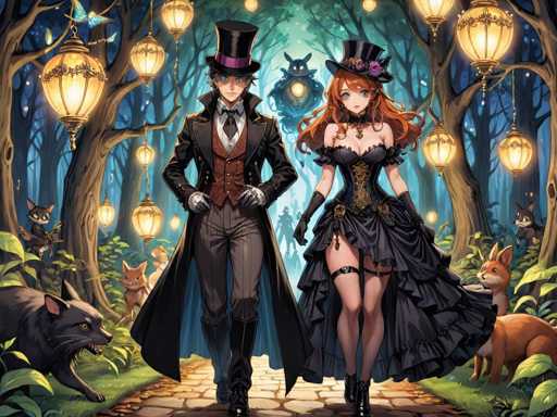 In this captivating anime-style illustration, a young man and woman are depicted walking down a stone path through a mystical forest. The man, positioned on the left, is adorned in a dapper ensemble featuring a black top hat with a purple band, a long black coat, a red vest, a white shirt, a black bow tie, gray pants, and knee-high black boots. His striking blue eyes add a touch of mystique to his appearance. Beside him, the woman on the right exudes elegance in a black dress with a corset-like top, black gloves, and fishnet stockings. Her long, flowing red hair cascades down, crowned by a black top hat decorated with purple flowers. The path they tread is flanked by trees on either side, each adorned with hanging lanterns that cast a warm glow. The forest floor is teeming with life, as various animals such as foxes and cats can be seen. In the background, a mysterious creature with a glowing light emanating from its chest looms, adding an element of intrigue to the scene.
