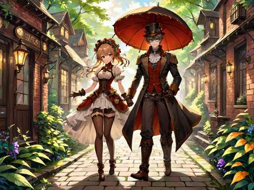 A couple is walking down a cobblestone street lined with brick buildings and trees. The man wears a black suit and hat, while the woman is dressed in a white dress and red parasol.