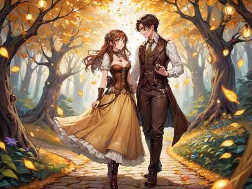 In this captivating anime-style illustration, a young couple stands hand in hand on a cobblestone path that winds through a serene forest. The woman, positioned on the left, is adorned in a flowing yellow dress with a white underdress peeking out from beneath. Her long, reddish-brown hair cascades down her back, and she wears brown boots that complement her attire. Beside her, the man on the right is dressed in a brown vest over a white shirt, paired with brown pants and matching brown boots. He holds a small object in his left hand, adding a touch of intrigue to his composed demeanor. The forest around them is a tapestry of autumnal hues, with trees on either side displaying vibrant orange leaves. The ground is carpeted with fallen leaves, and the trees are adorned with lanterns that cast a warm, inviting glow. The scene is bathed in sunlight, which filters through the canopy, creating a magical and enchanting atmosphere.