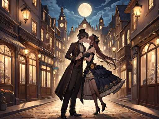 In this captivating image, a young man and woman are seen sharing a tender kiss in the middle of a cobblestone street. The man, dressed in a long brown trench coat, black pants, black shoes, and a black top hat, exudes a mysterious charm. The woman, adorned in a striking blue dress with a white underdress, black garters, and black high heels, complements her outfit with a black choker and a delicate flower in her hair. Her long brown hair cascades down her back, adding to her elegant appearance.

The scene is set at night under a dark blue sky, illuminated by a large, luminous full moon. The street they stand on is flanked by buildings on both sides, their windows and doors glowing warmly with light. The architecture of these buildings features a mix of brown and gray hues, with some adorned with balconies and others with hanging lanterns that cast a soft glow onto the cobblestones below. The overall ambiance is one of enchantment and romance, perfectly capturing a moment of intimate connection between the two figures amidst the serene, moonlit night.