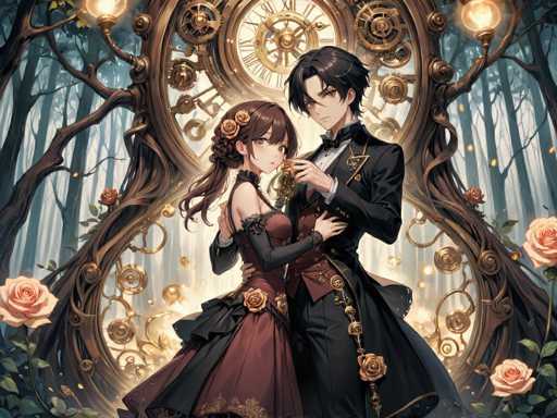 In this captivating anime-style illustration, a young couple stands in an enchanting forest, surrounded by tall trees with sparse leaves. The scene is bathed in a soft, ethereal light emanating from glowing lanterns positioned at the top left and right corners. The couple is dressed in elaborate, Victorian-inspired attire. The woman, with her long brown hair styled in a braid, wears a striking red dress adorned with black accents and a black choker. Her dress features a black corset and a voluminous skirt, complemented by black gloves that extend to her elbows. She is being embraced by the man, who is dressed in a sophisticated black tuxedo with a white shirt and a black bow tie. His long black hair cascades down his back, and he tenderly holds a ring in his hand, poised to place it on her finger. Behind them, a large, ornate clock with Roman numerals and intricate gears adds a touch of mystery and timelessness to the scene. The overall atmosphere is one of romance and enchantment, set against the backdrop of a magical forest.