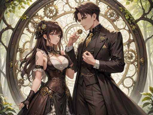 The image depicts two characters dressed in period costumes standing in front of a large circular window with gold gears and plants growing around it. The character on the left is wearing a brown dress with a corset and a headpiece, while the character on the right is wearing a black suit with a top hat and a chain.