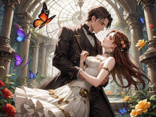 In this captivating anime-style illustration, a young man and woman are depicted in a tender embrace, surrounded by a magical and romantic atmosphere. The man, with his short brown hair, is dressed in a distinguished black tuxedo, complete with a bow tie and a long jacket. He holds the woman gently, her head resting on his shoulder as she gazes up at him adoringly. She is adorned in a flowing white dress embellished with intricate gold accents, and her long brown hair cascades down her back, decorated with delicate flowers.

The setting is a grand, ornate building featuring majestic columns and an expansive glass ceiling that allows sunlight to pour in, casting a warm glow over the scene. The walls are adorned with vibrant red roses and lush green leaves, adding to the enchanting ambiance. Surrounding the couple are numerous butterflies, their wings shimmering in shades of purple, blue, and orange, creating a whimsical and ethereal effect.

The woman's attire is further accentuated by a gold band around her upper arm and a striking green gemstone on her dress, adding to her regal appearance. The overall composition of the image exudes a sense of romance and fantasy, making it a truly mesmerizing visual feast.