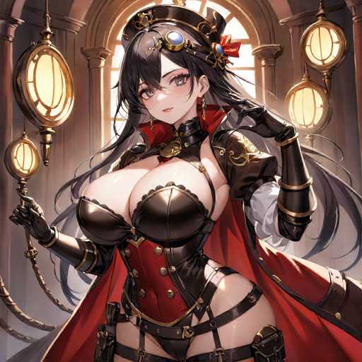 This detailed illustration depicts a striking anime-style female character, exuding both elegance and strength. She is adorned in a black leather corset with a red center, complemented by black leather gloves that extend up to her biceps. Her attire is accentuated by a red cape and a black leather choker, which features a prominent gold medallion at its center. The character's long, flowing black hair cascades down, partially obscuring her face and adding to her mysterious allure. Her eyes are a captivating blend of pink and blue, and she wears a small, delicate mouthpiece. A red bow adorns the back of her head, adding a touch of color to her ensemble. She holds a golden staff in her right hand, which is topped with a glowing orb. The background reveals an opulent setting, with a large window and several golden orbs hanging on the wall, enhancing the overall grandeur of the scene.