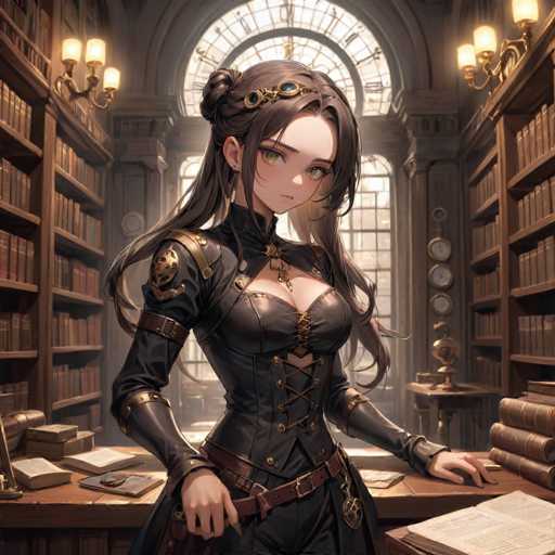 The image depicts a detailed, computer-generated scene of a young woman in an anime style, standing in the center of a grand library. She has long brown hair, styled with a bun at the back and flowing strands framing her face. Her attire is a striking black leather corset, laced up the front, and adorned with gold accents. A brown belt with a gold buckle cinches her waist, and she wears black leather gloves that extend to her elbows. Her eyes are a captivating light green, and she has a small nose and a slight frown on her face.

The library around her is expansive, with towering bookshelves filled with brown leather-bound books on either side. Behind her, a large, ornate window with a grid pattern and an arch at the top allows light to filter into the room. The window is divided into three sections: a large central pane, a smaller upper section, and a rectangular lower section. The walls are a light gray, and the room is illuminated by several wall sconces with three yellow lights each, adding to the warm ambiance.

In front of the woman is a long brown wooden table, cluttered with open books and papers, suggesting she might be engaged in some form of study or writing. The overall scene exudes a sense of quiet concentration and scholarly pursuit, with the woman appearing to be in her early 20s.