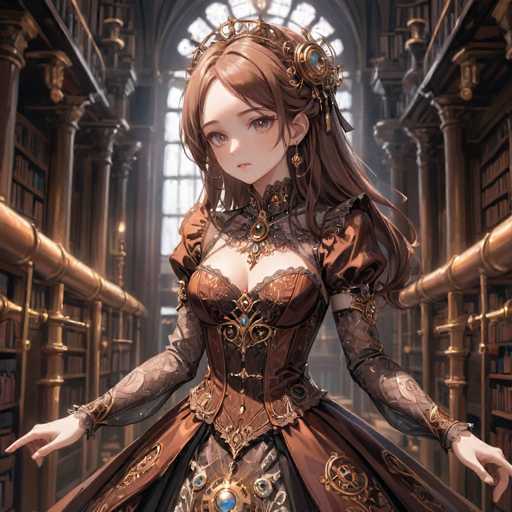 The image depicts a highly detailed, computer-generated anime-style girl standing in the center of an ornate, old library. She has long, flowing brown hair adorned with a golden crown and a blue gem. Her large, expressive eyes are a striking grayish-brown, and she wears a small, delicate mouth. She is dressed in an elaborate, Victorian-inspired gown that is predominantly brown with intricate gold and blue accents. The dress features a deep neckline, puffy sleeves, and a corset-like bodice. Her arms are outstretched to her sides, and she wears long, white gloves that extend up to her elbows. The library around her is grand and majestic, with tall bookshelves lined with books and topped with golden railings. The room is well-lit, highlighting the rich details of both the girl and her surroundings.