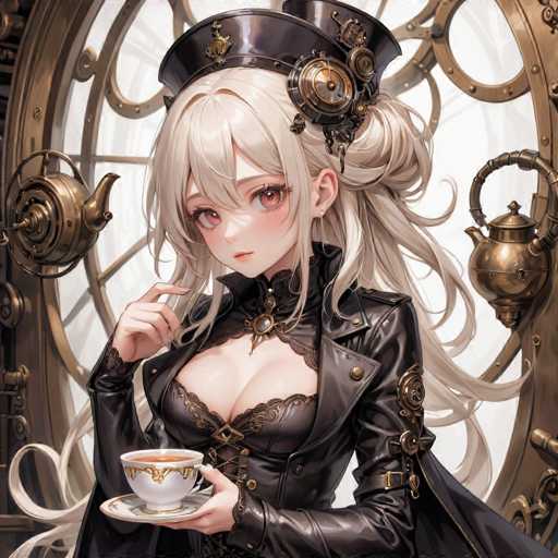 The image depicts a detailed, computer-generated anime-style woman with long, flowing blonde hair that cascades down to her waist. She is adorned in a black leather jacket and a matching black hat, which features a prominent gold medallion on the side. Her attire includes a black lace bra and a high-collared leather shirt, accentuated by a gold brooch at the neckline. The woman's eyes are a striking pinkish-red, and she has a small mouth and a pointed nose. She is holding a white teacup with gold trim in her left hand, which is resting on a matching white saucer. Her right hand is raised to her face, with her index finger touching her cheek. The background is a white wall with a large, ornate gold door that has intricate circular designs and gold teapots on either side. The overall scene is rich in detail, emphasizing the woman's elegant and somewhat mysterious appearance.