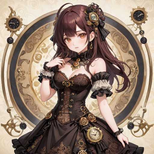 The image features a detailed drawing of an anime-style girl with long, dark brown hair that cascades down to her waist. She has striking orange eyes and is dressed in a dark brown corset-style dress adorned with intricate gold accents. The dress includes a corseted top, a flowing skirt, and white frills at the sleeves. A notable accessory is a large brooch on her chest, shaped like a brown and gold circle. She also wears a black choker with a prominent gold pendant. The girl is holding the skirt of her dress with both hands, one hand near her chest and the other near her hip. The background is a light brown color, featuring a large circular design with a black border and a gold interior, which is further embellished with smaller circles and gear-like elements. Additionally, there are two black clocks positioned at the top left and right corners of the image, adding to the intricate and detailed composition.