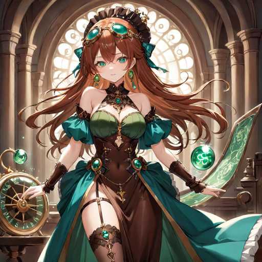 The image depicts a detailed, computer-generated anime-style female character standing in a medieval castle setting. She has long, flowing brown hair adorned with a black hat and green goggles perched on top. Her large, expressive green eyes and small nose are complemented by green earrings. She is dressed in a revealing outfit that includes a green bra-like top, a brown corset, and a green skirt. Her attire is accentuated with various green jewels and golden trims. She wears brown gloves and a garter on her right leg, which also features a green jewel. In her left hand, she holds a green book, while her right hand rests on a golden clock. The background showcases a grand, ornate window with intricate designs, framed by stone columns, enhancing the medieval ambiance of the scene.