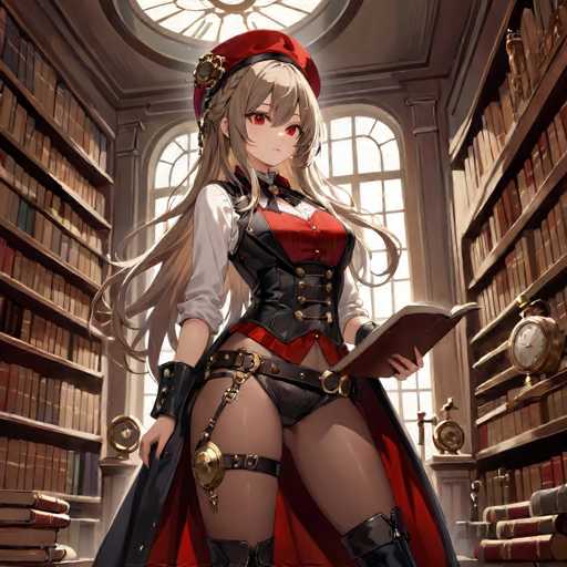 In this captivating image, an anime character stands poised in the center of a grand library. The library's architecture is impressive, with towering bookshelves that stretch from floor to ceiling, filled with an array of books. The shelves are arranged in a symmetrical pattern, with two rows on each side of the character, creating a sense of balance and order. Behind the character, two large windows allow natural light to flood the space, illuminating the scene with a warm glow.

The anime character exudes a unique blend of elegance and strength. She is adorned in a striking red hat, which contrasts beautifully with her long, flowing blonde hair. Her attire is equally eye-catching, featuring a black leather vest that adds a touch of edginess to her look. The vest is complemented by a red corset, which cinches her waist and adds a touch of allure. Her ensemble is completed with black leather pants, also trimmed with red, and knee-high boots that add to her commanding presence.

In her left hand, she holds a book, suggesting a love for knowledge or perhaps a role as a librarian or scholar. Her right hand rests on her hip, giving her a confident and self-assured stance. The character's red eyes are particularly striking, adding an element of mystery and intensity to her expression. Overall, the image beautifully captures the essence of a powerful and enigmatic anime character in a serene and scholarly environment.
