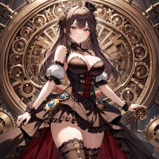 The image features a detailed, computer-generated anime-style illustration of a young woman with long, dark brown hair adorned with a black bow. She is dressed in a revealing, short brown dress that accentuates her large chest and long legs, complemented by thigh-high stockings. The dress is intricately designed with a red corset laced up the front, white puffy sleeves, and a black choker necklace. The character stands confidently, holding a large, circular golden key in her left hand, with her right hand resting on the fabric of her dress. The background is filled with an array of golden gears and cogs, adding a mechanical and steampunk aesthetic to the scene.