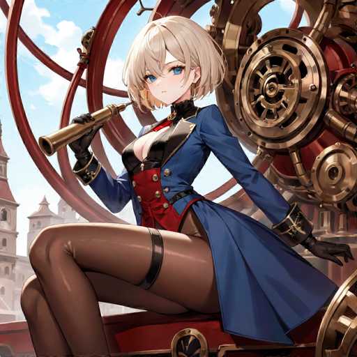 The image depicts a detailed anime-style drawing of a woman with short blonde hair, styled in a bob cut with bangs. She has striking blue eyes and is dressed in a revealing outfit. Her attire includes a blue jacket with a red vest underneath, which features a black collar and a black belt. The jacket is open, revealing a significant amount of cleavage. She is wearing black gloves, black stockings, and a garter belt on her right leg. The woman is seated on a red and gold mechanical device, possibly a ship's wheel, with her legs crossed. She is holding a golden telescope in her right hand, gazing into the distance. The background showcases a blue sky with white clouds and several buildings, adding depth to the scene.