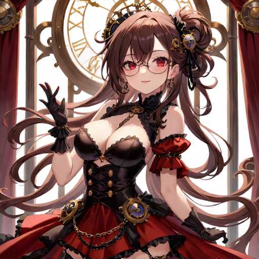 The image features a detailed anime-style illustration of a young woman with long, flowing brown hair adorned with black and gold barrettes. She has striking red eyes and wears black-rimmed glasses. Her attire is a revealing, gothic-inspired outfit that includes a black bustier with gold buttons and a red skirt. The skirt is accentuated with a black belt featuring a blue and gold medallion, and a chain drapes from the belt to her right side. She also wears black gloves and black boots. The background showcases a large, ornate gold clock with Roman numerals, flanked by red curtains with gold medallions at the top. The scene is set against a white backdrop, highlighting the intricate details of her outfit and accessories.