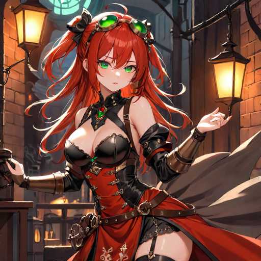 The image features a striking anime-style female character with long, flowing red hair adorned with a black bow. She has vibrant green eyes and wears green goggles with gold rims perched on her forehead. Her attire is a revealing, form-fitting dress that combines black leather and red fabric, accentuated with brown straps and buckles. The dress is low-cut, showcasing her cleavage, and includes a corset-like top with black leather straps. She also wears black leather gloves that extend to her elbows, and a belt with a pouch around her waist. The character is posed with her left hand raised and her right hand resting on a table, exuding a confident and alluring demeanor. The background depicts a dark, medieval alleyway with brick buildings and hanging lanterns, adding to the mysterious and enchanting atmosphere of the scene.